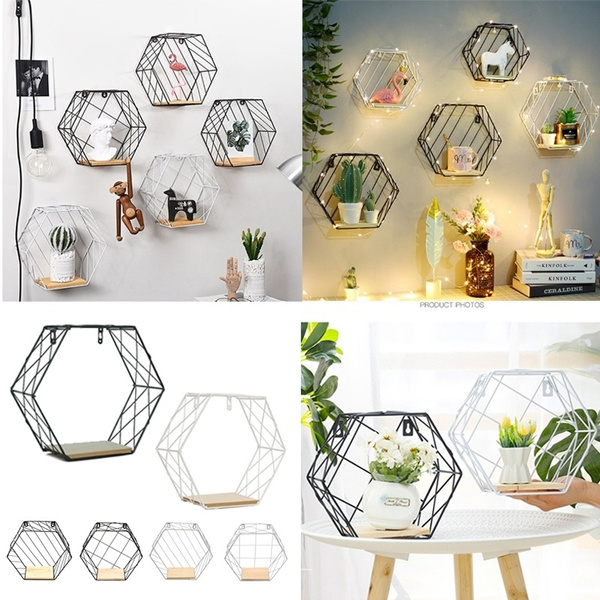 3 Style Geometric Figure Wall Hanging Hexagonal Iron Shelf Decoration Wood Rack Shelves Twill