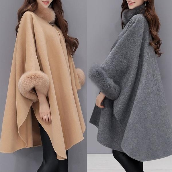 Women Loose Woolen Winter Warm Coat Jacket Batwing Wool Poncho Parka Cloak Cape