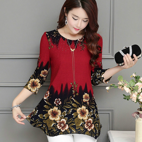 Fashion Women Shirt Plus Size 4XL Chiffon Red Clothing O-neck Floral Print Feminine Tops Blusas | Wish