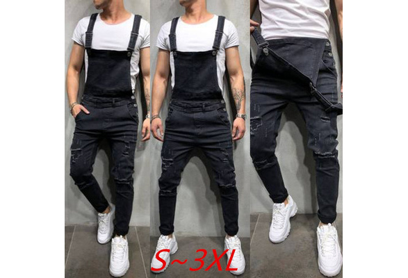 Men Autumn Adjustable Shoulder Strap Overall Loose Denim Suspender Pants  Ripped Jeans Jumpsuits with Pockets  Wish