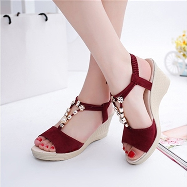 New Summer High-heeled Wedge Sandals Female Mouth Beading Shoes Korean ...