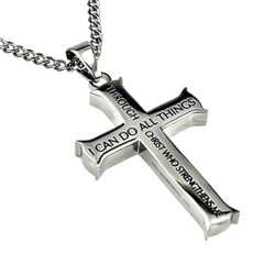 Stainless Ssteel Philippians 4:13 Jewelry, Cross Necklace  Bible Verse, Stainless Steel with Chain (60cm）
