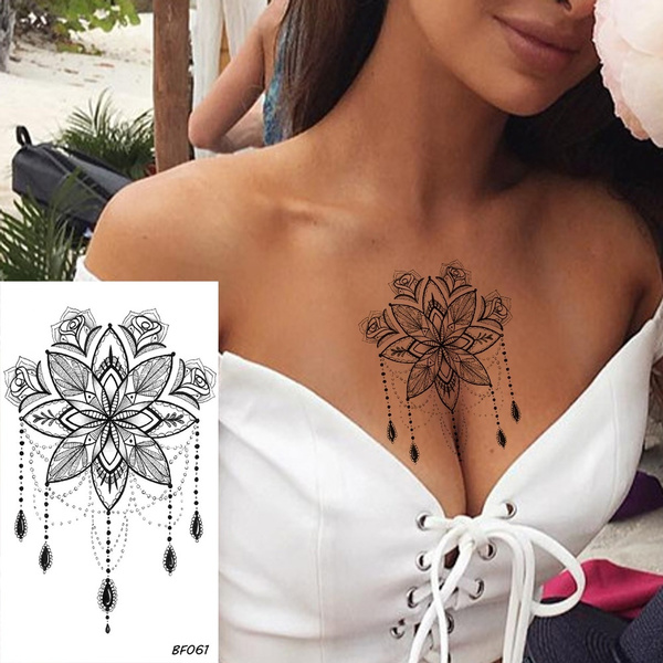 Amazoncom  Sexy Body Tattoos For Women Henna Tattoo Waterproof Sternum  Tattoo Underboob Black Lace Mandala Tattoo Sticker Flower  Beauty   Personal Care