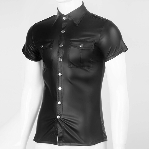 Mens Sexy Faux Leather Shirts Male 