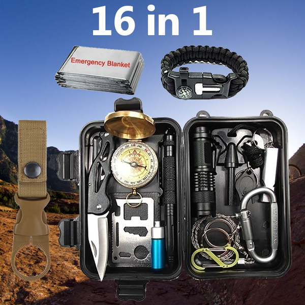 16 in 1 Emergency SOS Survival Kit Outdoor Emergency Gear Kit Camping  Hiking Travelling Adventures