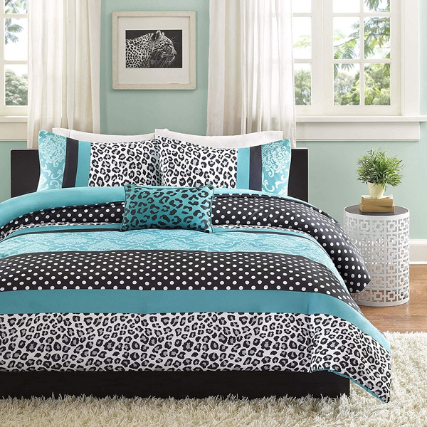 4 Piece Kids Teal Black Animal Print, Teal And Black Queen Bedding