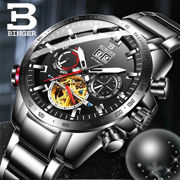 BINGER Montre Men Mechanical Automatic Watches Sports Military Clock Waterproof Stainless Steel Uhren Relogios with Gift Box