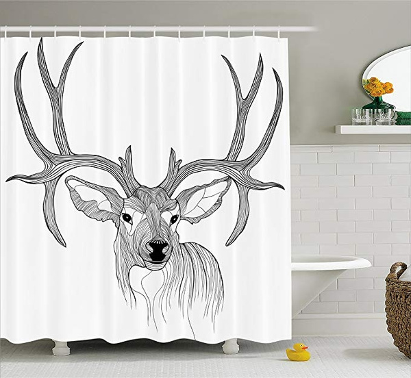Antler Decor Shower Curtain Sketch Of Wild Animal Deer Antelope Mammal Moose Stylized Hunt Icon Art Fabric Bathroom Set With Hooks 66x72 Inches Long Black And White Wish Antler Decor Shower Curtain Sketch Of, Antler Curtain Hooks