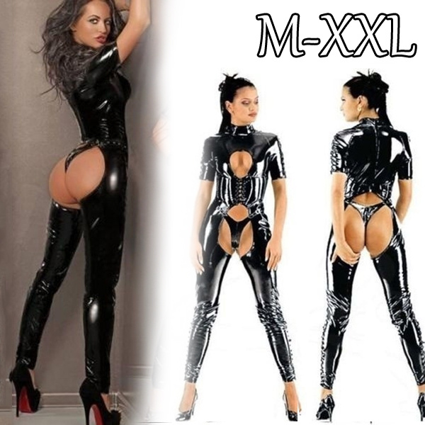 Women Faux Leather Lingerie Set Black PVC Latex Bodysuit Catwoman Fantasias  Lingerie Clubwear Party Costume Plus Size