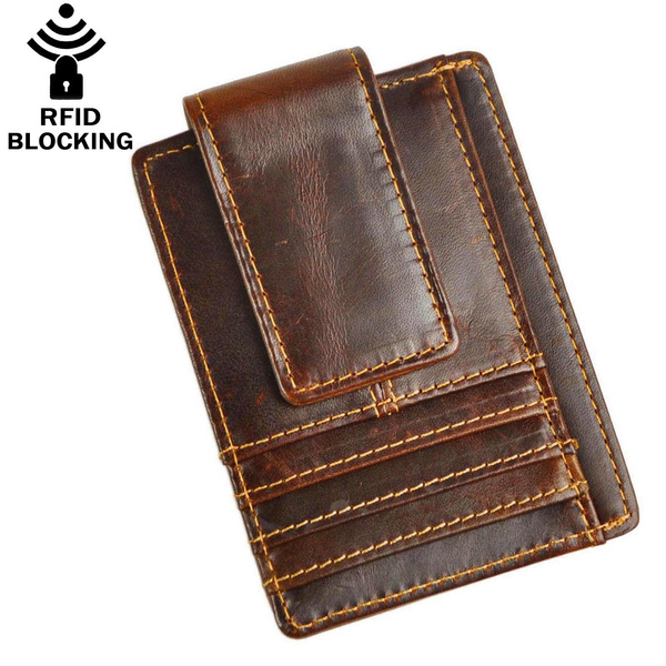 Genuine Leather Money Clip Front Pocket RFID Blocking Strong Magnet thin  hand Wallet