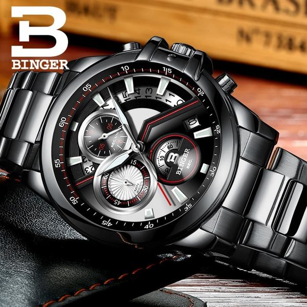 BINGER Men Watches Luxury Big Dial Designer Chronograph Montre Water Resistant Stainless Quartz Clock Reloj with Gift Box