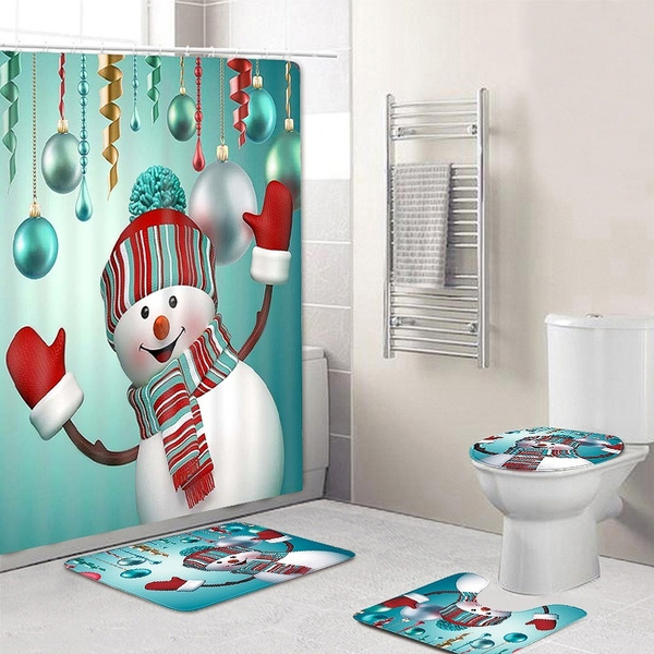 Christmas Snow Printing Waterproof Bathroom Shower Curtain Toilet Cover Mat