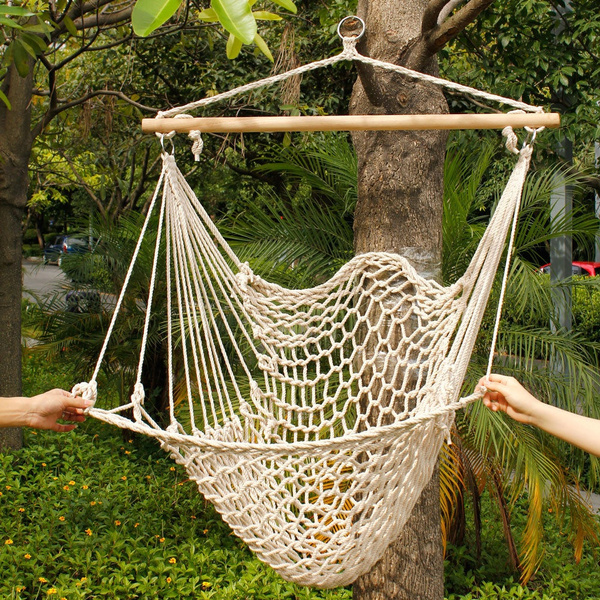 Hammock Cotton Swing Camping Hanging Rope Chair Wooden Beige White