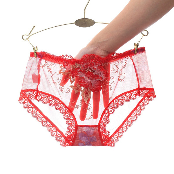 Hot Sale Embroidered Lace Women's Underwear Transparent Low Waist Ladies  Underwear Briefs