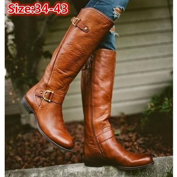 Ladies Knee High Genuine Leather Boots Women's Small Heel Riding Style Shoes 