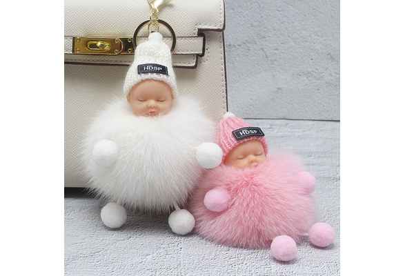 Fluffy PomPom Keychain Pendent Cute Sleeping Baby Doll Bowknot Key Chains Keyrings Bags Charm Pendant 