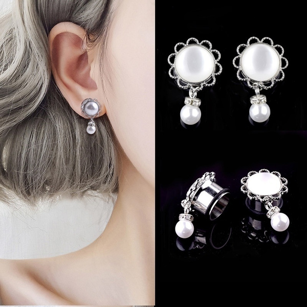 1 Pair Women Ear Piercing Plugs Tunnel Stainless Steel Imitation Pearl