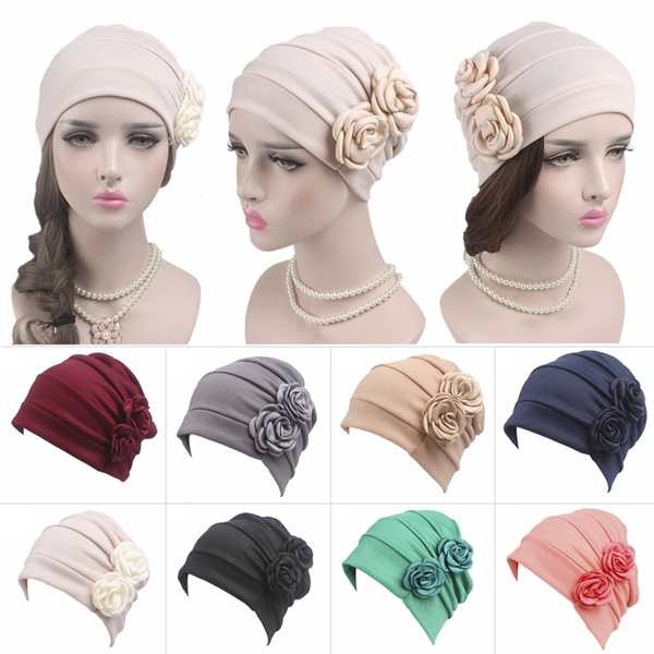 AkoMatial Cotton Flower Floral Print Muslim Hijab Turban Head Wrap Hat Beanie Cap for Women 