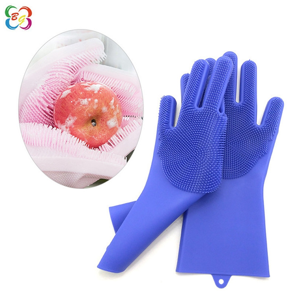 Silicone Rubber Dish Washing Gloves Kitchen Pet Bath Cleaning Scrubber Household 