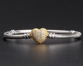 New Cute Fashion 925 Sterling Silver charm Heart-shaped Snake Chain Bracelets Bangles Beaded For European beads Jewelery Making DIY 