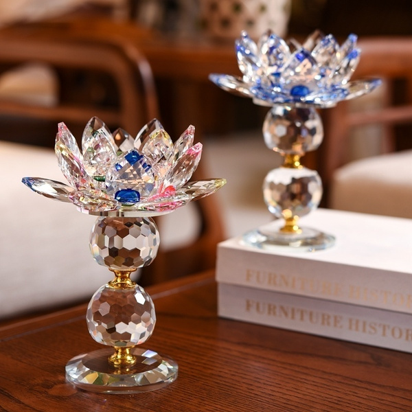 Crystal Glass Lotus Flower Candle Tea Light Holder Buddhist Candlestick decor 