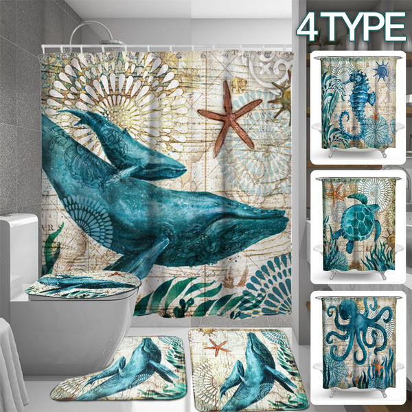 Fashion Sea Turtles Whale Sea Horse Octopus 4 Marine Life Ocean Style Waterproof Bathroom Shower Curtain Toilet Cover Mat Non Slip Rug Set Wish