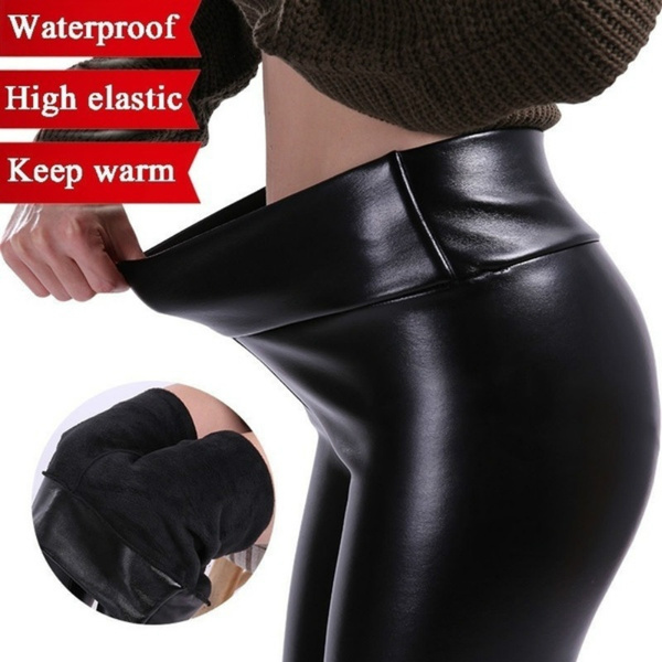 Women Fashion High Waist Pants PU Leather Waterproof Stretchy Leggings ...