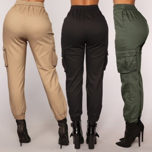 Women Grey Solid Cotton Mid Rise Cargo Pants