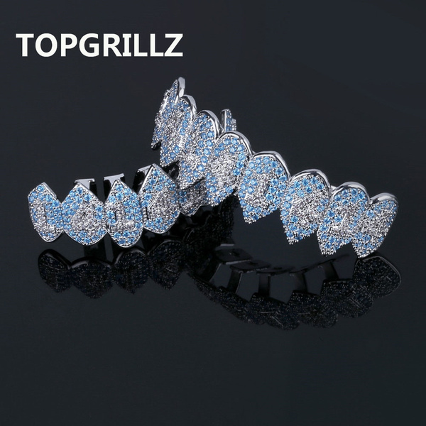 1pcs/2pcs set TOPGRILLZ Hip Hop Trippie Redd Iced Out AAA Tehran Zircon 14  Collection Mouth Teeth Grillz Caps Grill Men Women Vampire Grills