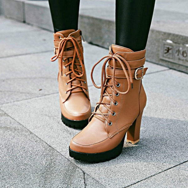 Heels Women Ankle Boots Lace Up Fall 