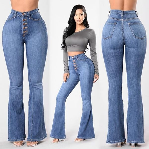 Women Fashion Big Ass Bell Bottom Slim Fit Denim Jeans High Waist Pants