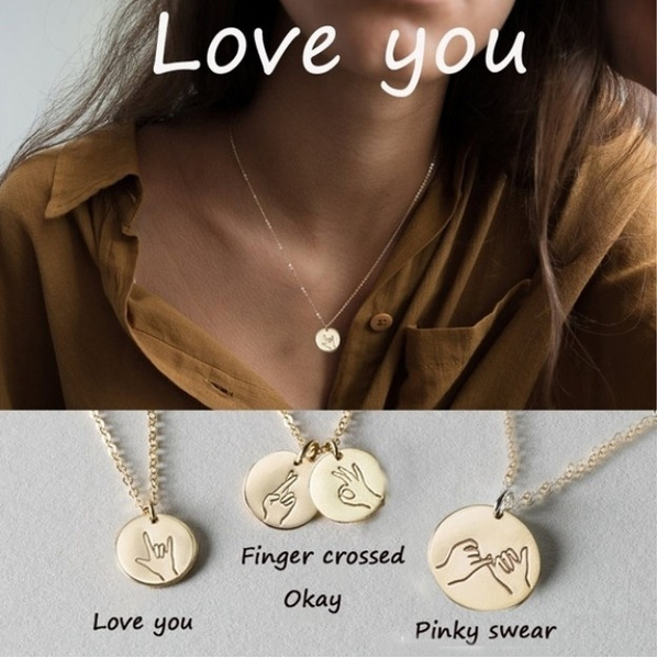 New Fashion Engraved Sign Language I Love You Pinky Swear Okay Hand  Gestures Necklace Sister Best Friends Necklace Friendship Jewelry | Wish