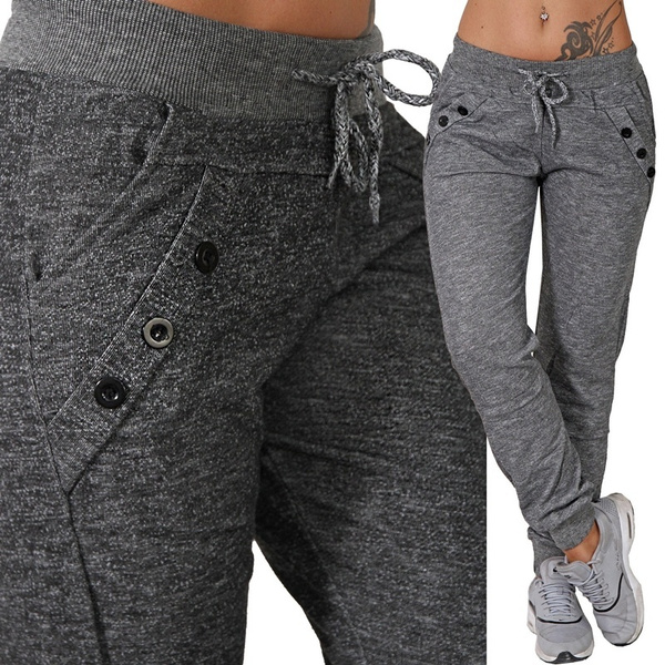 Fashion Women Sweatpants Baggy Gray Pocket Sports Pants Casual