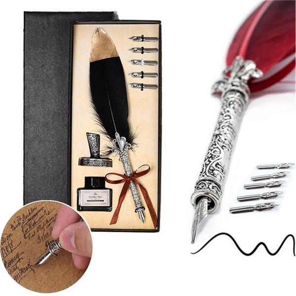 Vintage Calligraphy Feather Dip Pen Gift Box+Nib Writing Ink Quill Fountain Pen