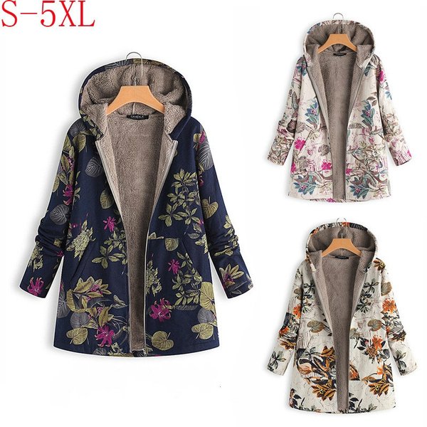 NREALY Jacket Womens Winter Warm Outwear Floral Print Hooded Pockets Vintage Oversize Coats