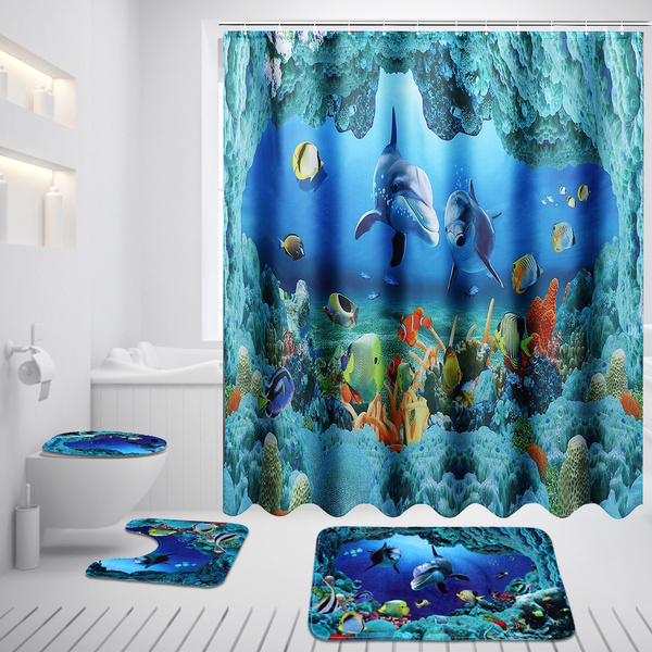 Dolphin Bathroom Rug Set Shower Curtain Non Slip Toilet Lid Cover Bath Mat 