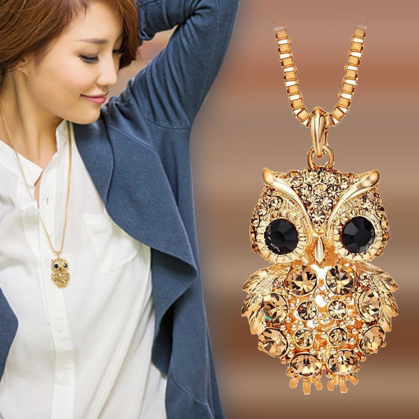 Popular Women Crystal Rhinestone Opal Owl Pendant Necklace Sweater Chain 