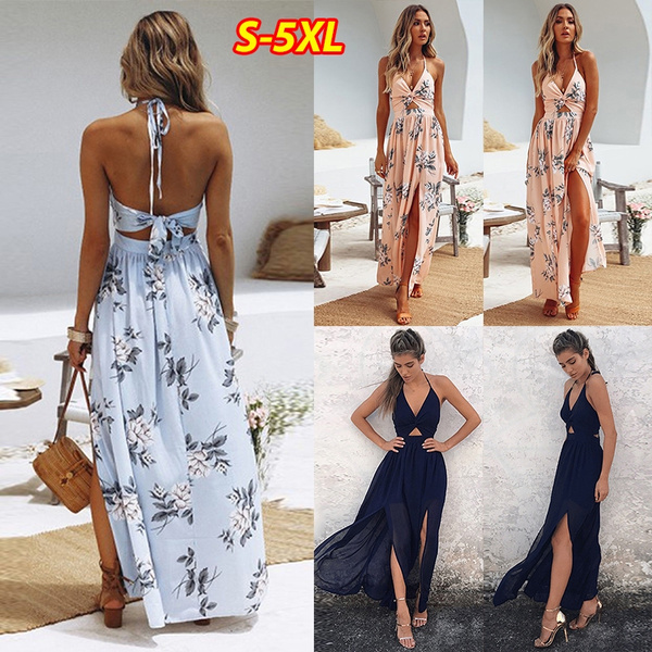 S-5XL Vestido largo con estampado floral bohemio de talla grande para mujer  Vestido sin mangas con abertura en la playa para fiesta | Wish