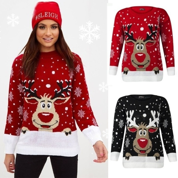 Womens Christmas 2016 Reindeer Jumper Novelty Knitted Xmas Jumper Day Party Top 