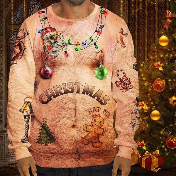 hairy chest christmas sweater with ornaments