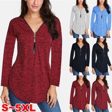 NEW Fashion Women V-neck Zipper Long Sleeve Solid Color Top Plus Size Blouse Top Causal Shirts Loose Plus Size