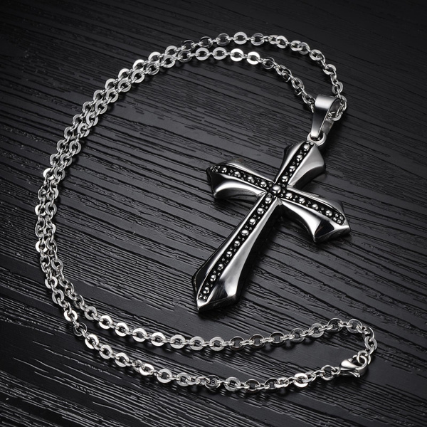 Aokarry Stylish Stainless Steel Necklace for Men Cross Shape with Vintage Scripture Pendant Necklace 