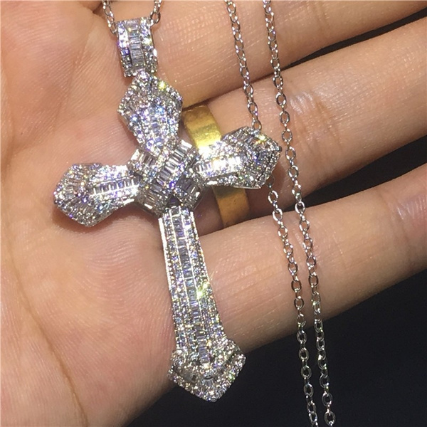 925 CROSS NECKLACE Necklace407 Vermeil Sterling Silver 18 inch White Topaz Estate Sale FLOATING