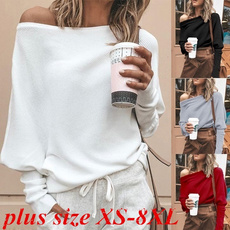 Fashion Women's Sweater Solid Color Off-Shoulder Knit Long Sleeve T-Shirt Top XS-8XL