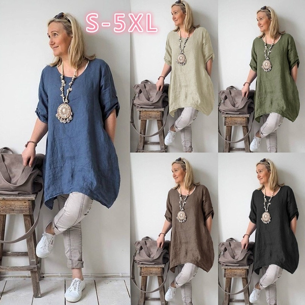 Women Fashion Irregular Leisure Loose Fitting Linen Shirt Tunic Pullover  Blouse Baggy Tops Ladies Solid Round Neck Comfy Cotton Dress Plus Size