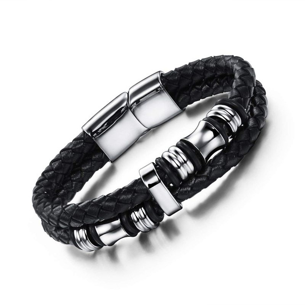 Fashion Mens Black Leather Bracelet Genuine Stainless Steel Double ...