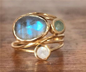 Unique 14K Gold Labradorite & Moonstone Aqua Blue Shell Ring Wedding Jewelry Gifts Size 6 7 8 9 10