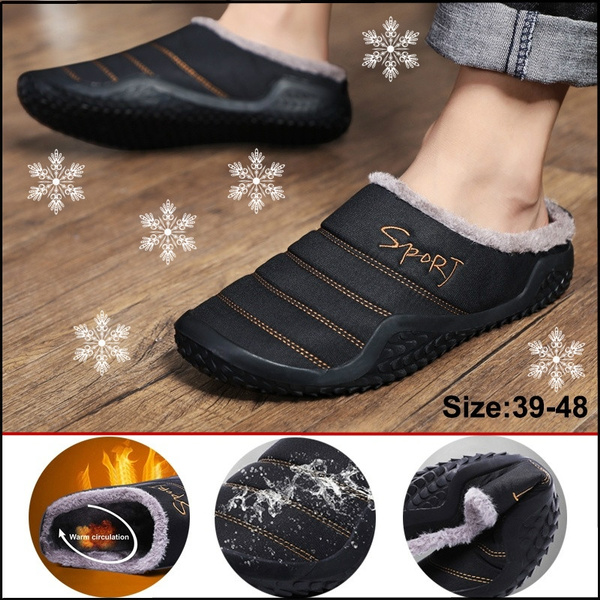 NEW Fashion Men's House Slippers Waterproof Fur Lined Slip on Warm ...