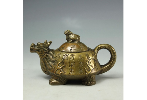Chinese Old Copper Handwork Dragon Turtle Pot Tea Pot Crafts Decoration 