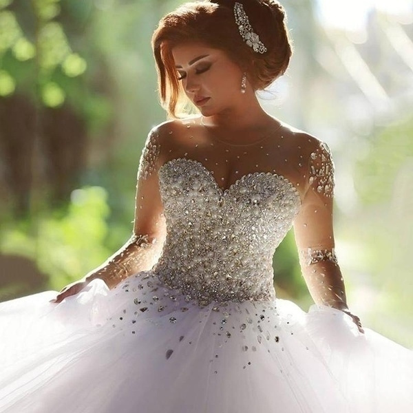 Long sleeve rhinestone wedding 2024 dress